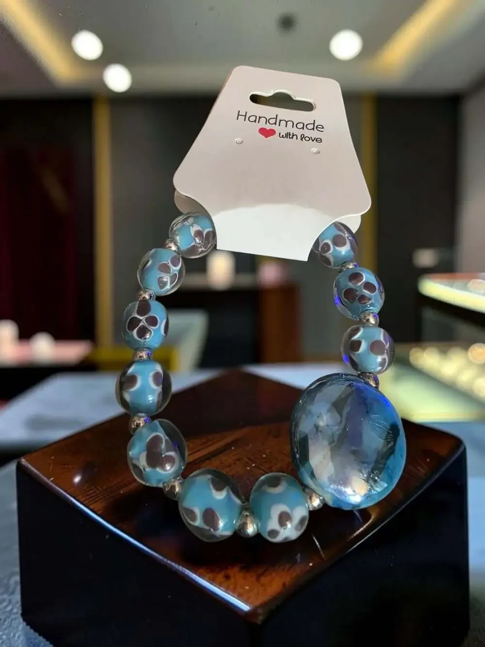 Handmade Lampwork Glass Bead Bracelet in Blue with Floral Details